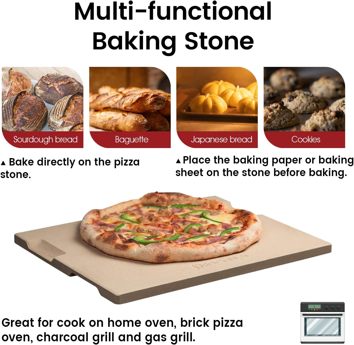 20" x 13.5"  Large Pizza Stone Grilling Stone with Handles